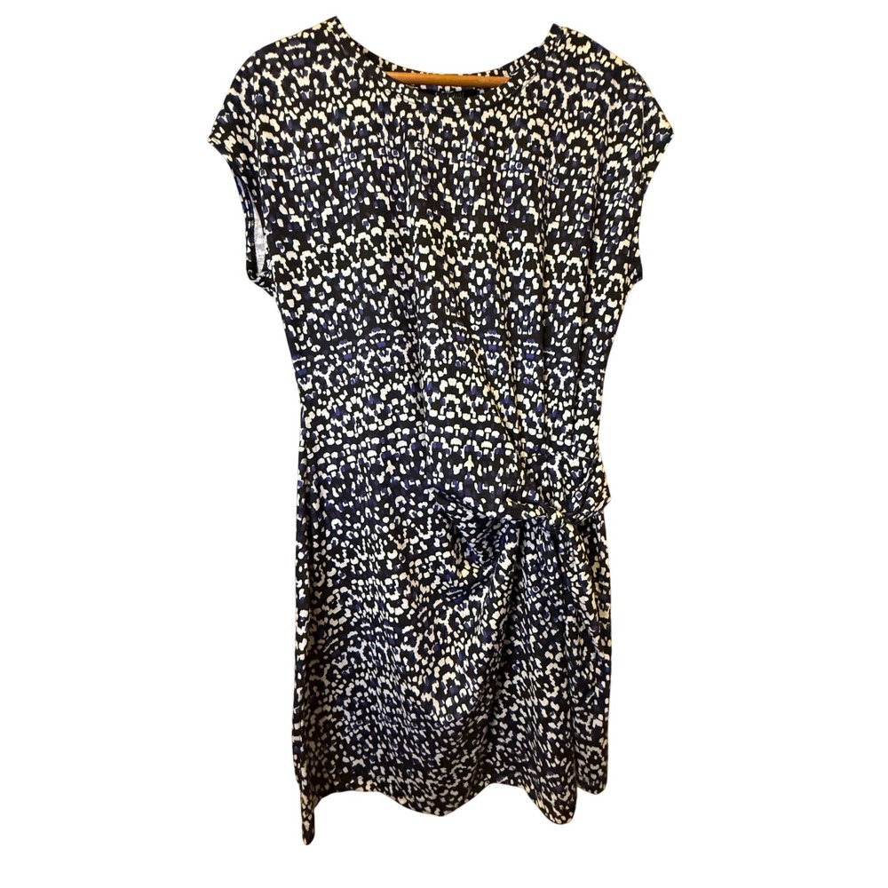 Nicole Miller Original Faux Wrap Dress L Blue White Abstract Print Knot